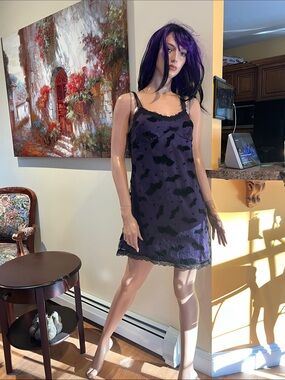 Purple black M Lace-Trim Slip Dress with velvet Bat Print nwot